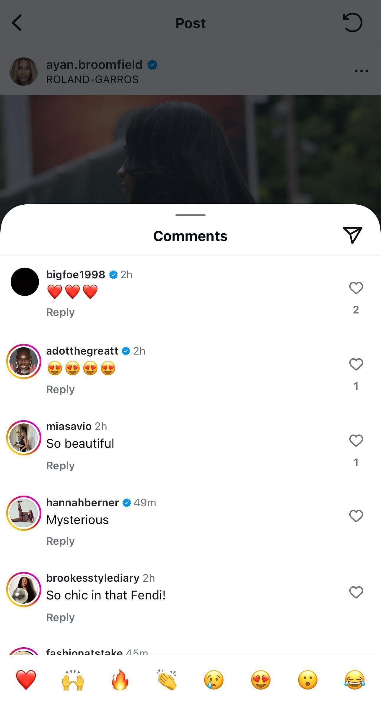 Frances Tiafoe reacts to girlfriend Ayan Broomfield's stylish outfit at Roland Garros (Source: Instagram)